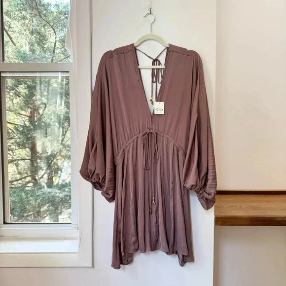 NWT Free People Arzel Mini Dress Long Sleeve Short Pleated Flowy in Cinnamon - Picture 10 of 13